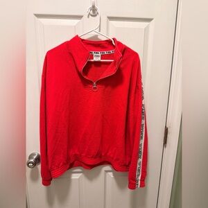 Victoria's Secret PINK Red Quarter Zip Pullover Logo Tape Sleeve Sweatshirt L